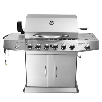 Suhu Tinggi Enamel 6 Burner Gas BBQ Grill Dengan Roda Kabinet