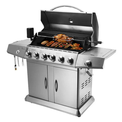 Suhu Tinggi Enamel 6 Burner Gas BBQ Grill Dengan Roda Kabinet